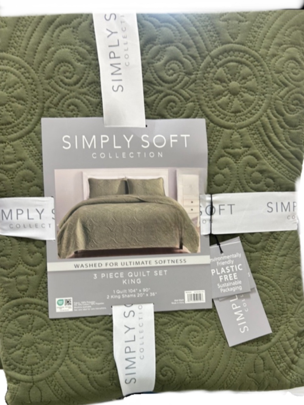 Simply Soft Collection 3 Piece King Green Quilt Set 104”x90”